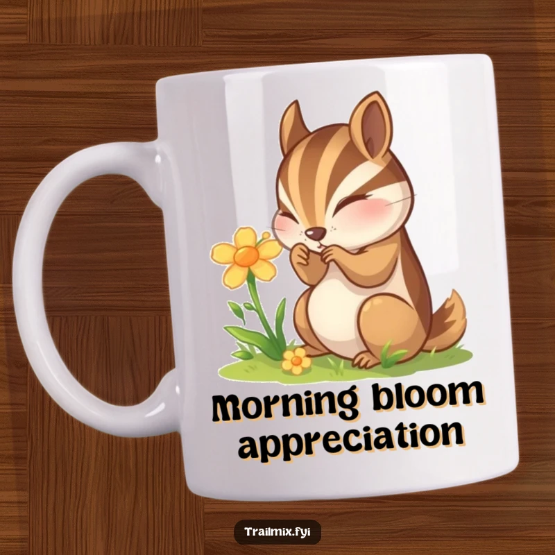 Funny Chipmunk Mug: A curious chipmunk is intently examining a delicate wildflower, showcasing its fascination with nature.