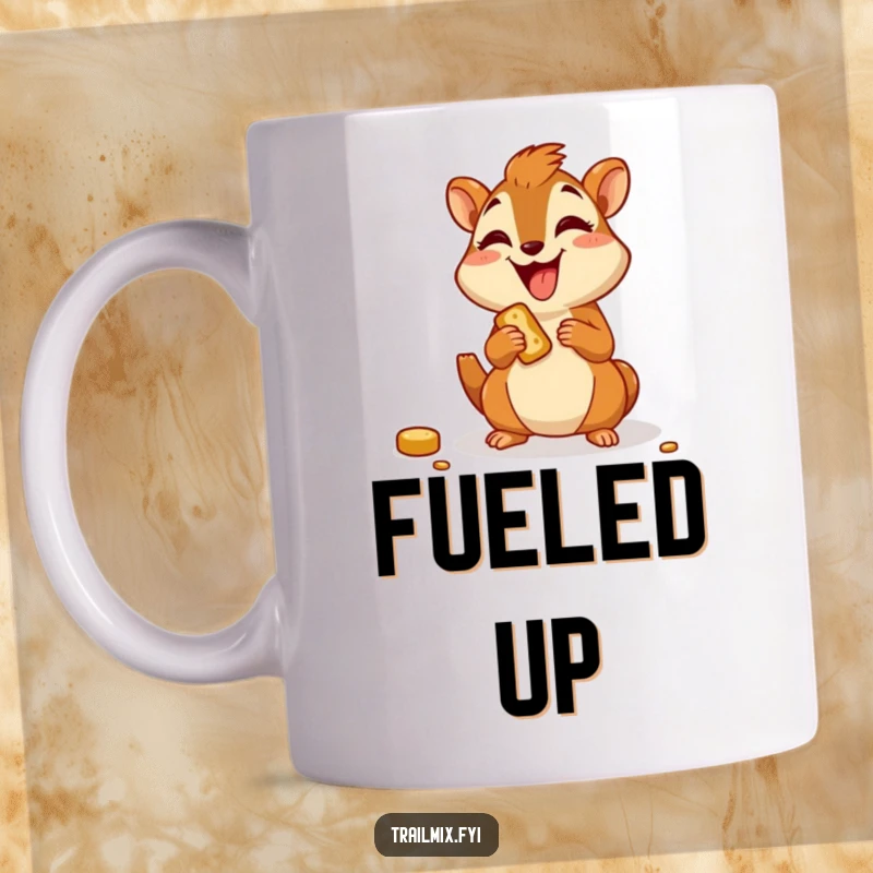 Funny mug with a joyful chipmunk character happily munching on a trail snack with great delight.