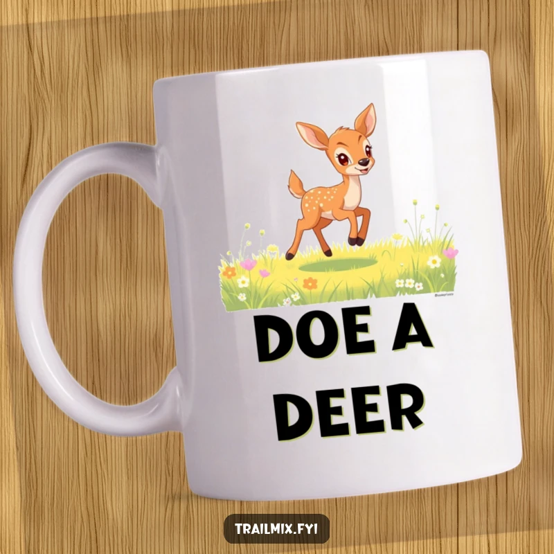 Funny deer fawn mug showing a gleeful fawn energetically bounding through a sunlit meadow, embodying wild spirit.