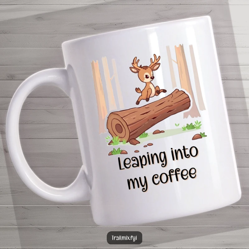 Funny mug showcasing a determined deer character gracefully leaping over a fallen log, embodying agility and strength.