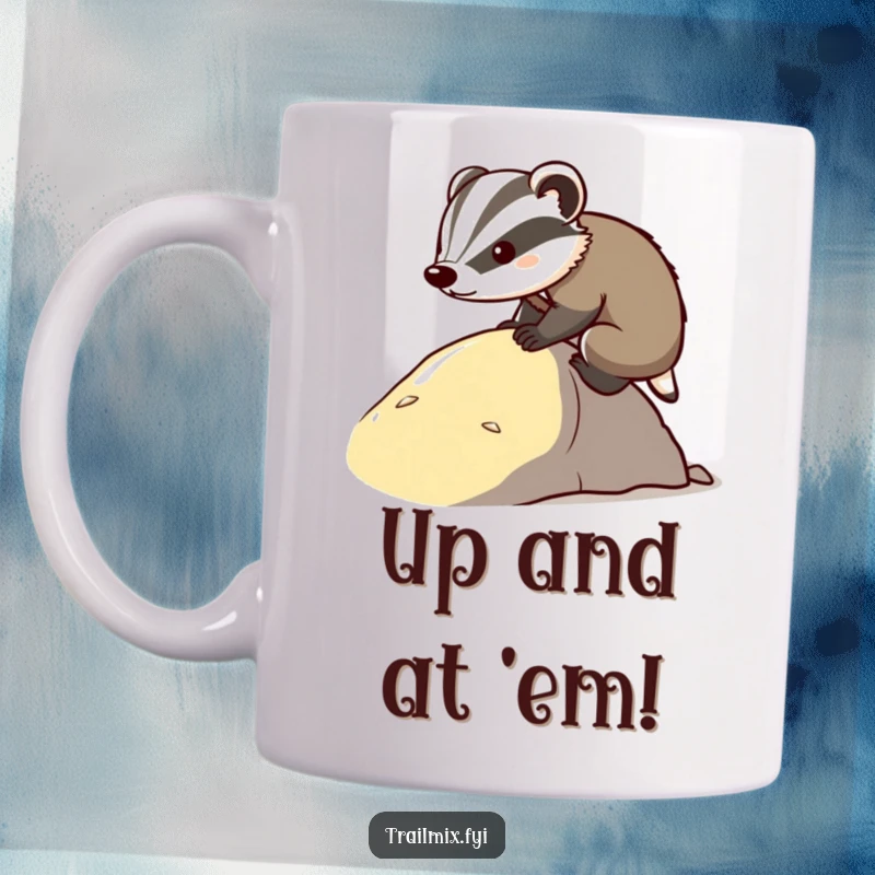 Funny determined badger mug, focused and pushing upwards on a gentle slope, symbolizing perseverance. Motivational animal art.