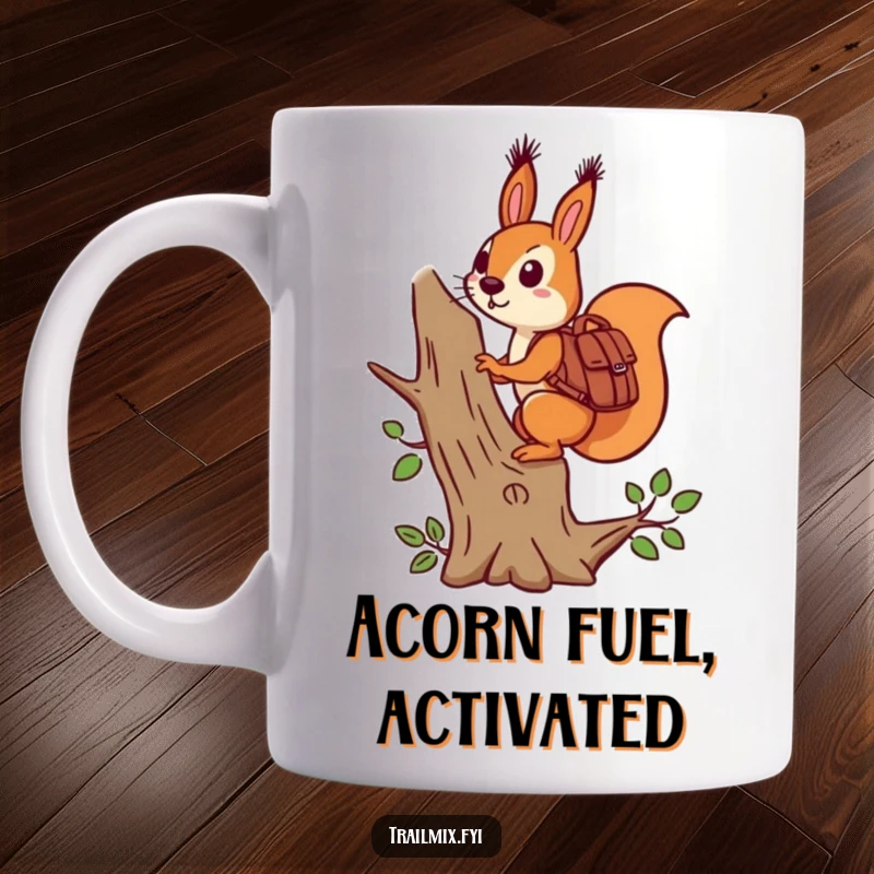 Funny determined squirrel with a backpack climbing a tree, humorous graphic mug for ambitious personalities.