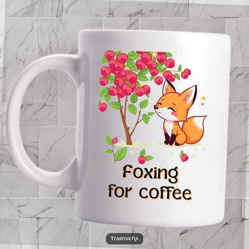 Funny fox mug showing a cheerful fox excitedly sniffing a wild berry bush, captured in a moment of delightful discovery.