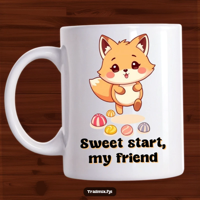 Funny fluffy fox character joyfully skipping along a vibrant trail of colorful candies, a delightful mug for humor lovers.