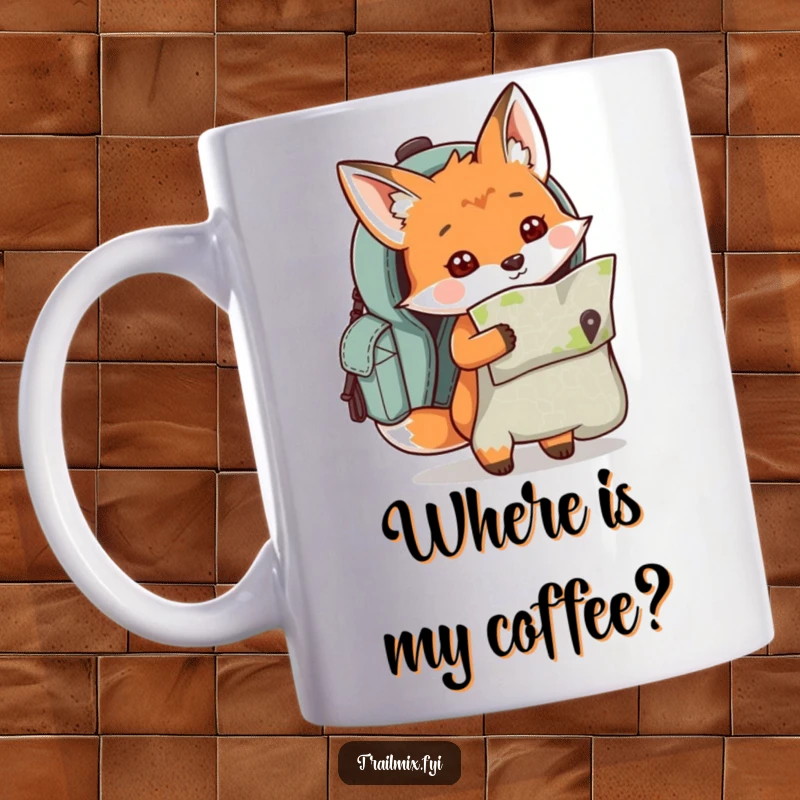 Funny curious fox character peeking out of a backpack with a map, designed on a coffee mug.