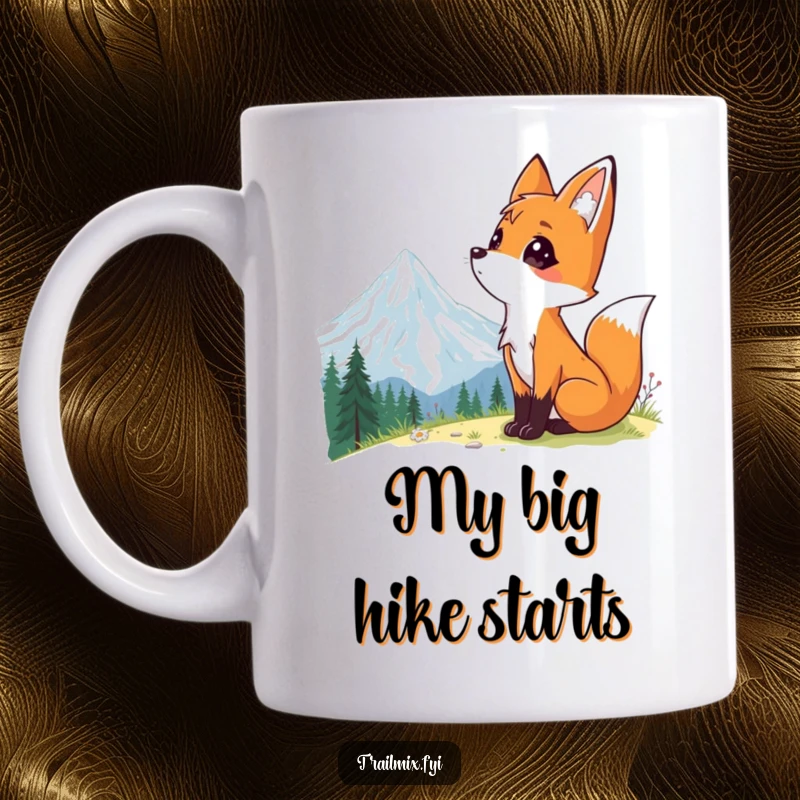 Funny mug featuring a curious fox character looking up in awe at a vast mountain vista, embodying wonder and childlike exploration.