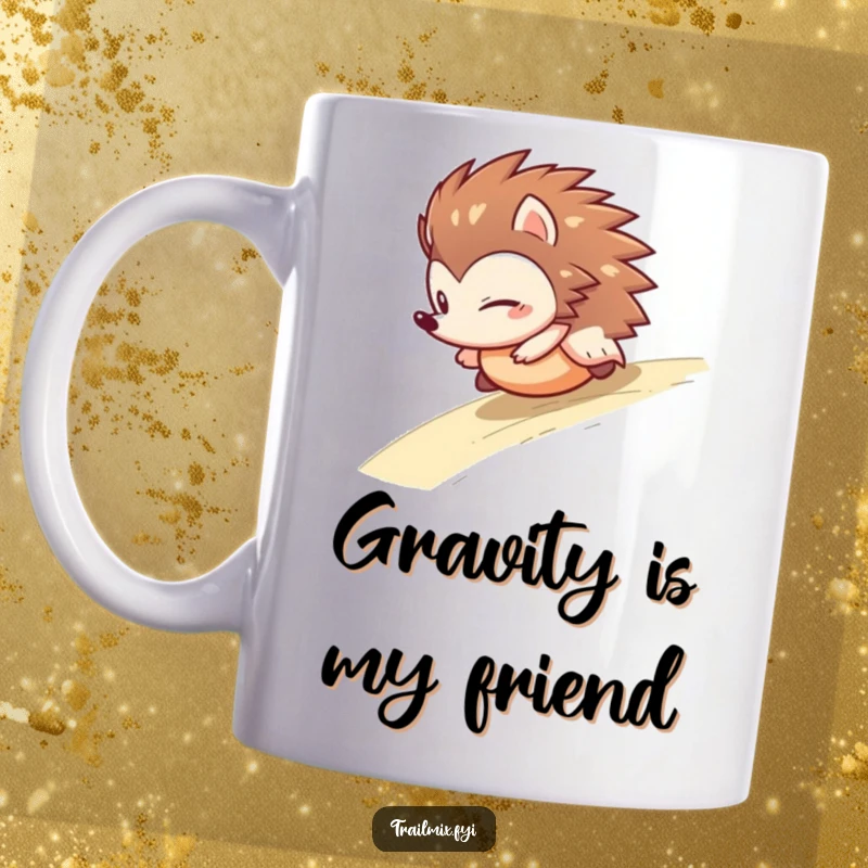 Funny hedgehog mug showing a determined character fearlessly rolling downhill like a ball, embodying pure, uninhibited joy and movement.