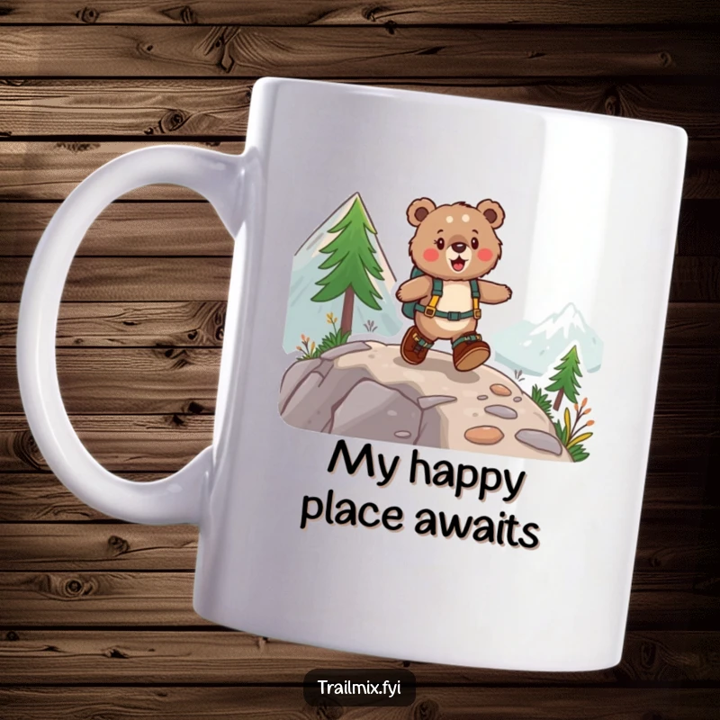 Funny mug showing a cute fuzzy bear in hiking boots happily skipping up a steep mountain path with energetic joy.