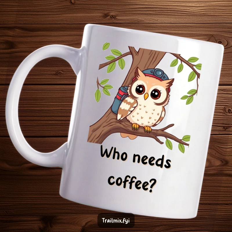 Funny mug showcasing a curious owl dressed as a hiker, perched on a branch and looking outwards.