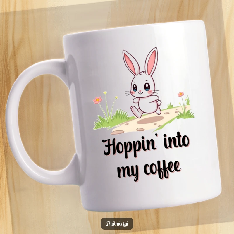 Funny playful bunny hopping on a trail with wide eyes, a humorous and cute graphic for a mug.