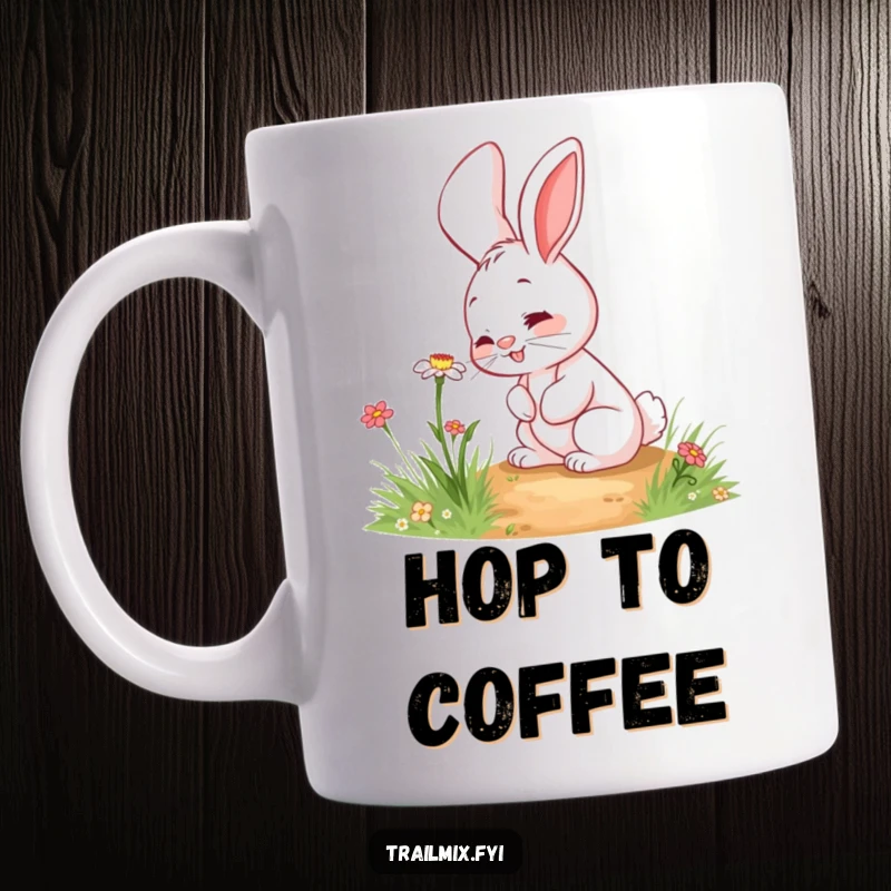 Funny rabbit mug featuring a giggling character curiously sniffing a vibrant wildflower along a scenic path, embodying pure delight.