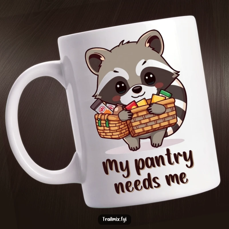 Funny Raccoon Mug: A resourceful raccoon meticulously packs a picnic basket overflowing with tasty snacks, looking quite pleased with its bounty.