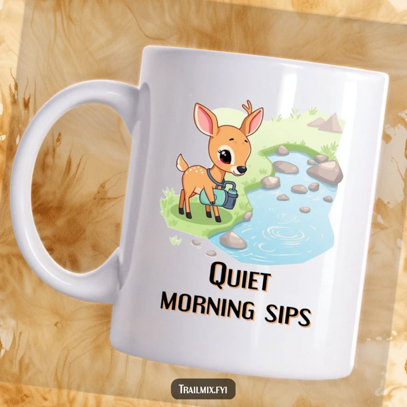 Funny mug of a shy deer with a canteen curiously observing a bubbling stream, conveying peace and gentle exploration.