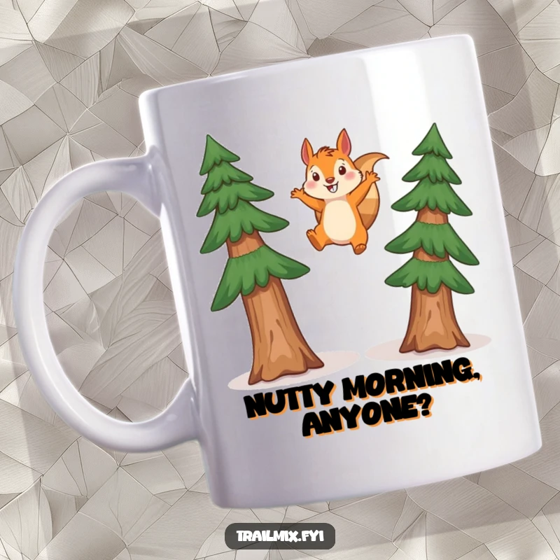 Funny squirrel mug showing a happy squirrel mid-leap between two tall pine trees, full of energy and woodland glee.