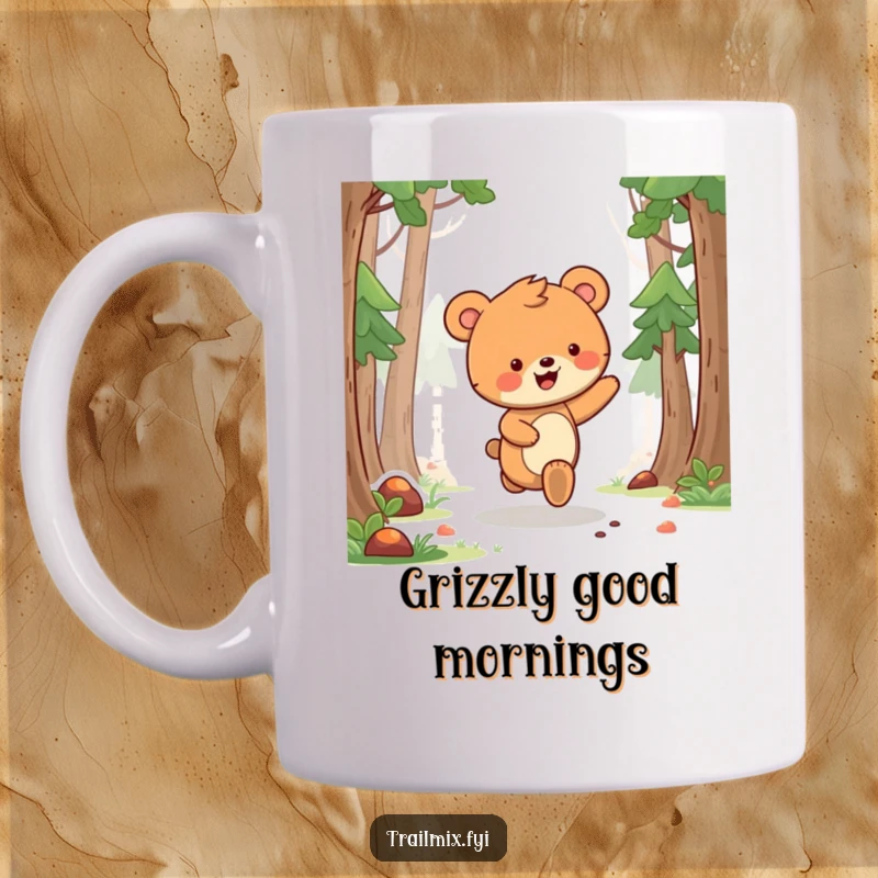 Funny bear cub mug showing a delighted bear cub skipping happily along a sun-dappled forest path, radiating pure joy.