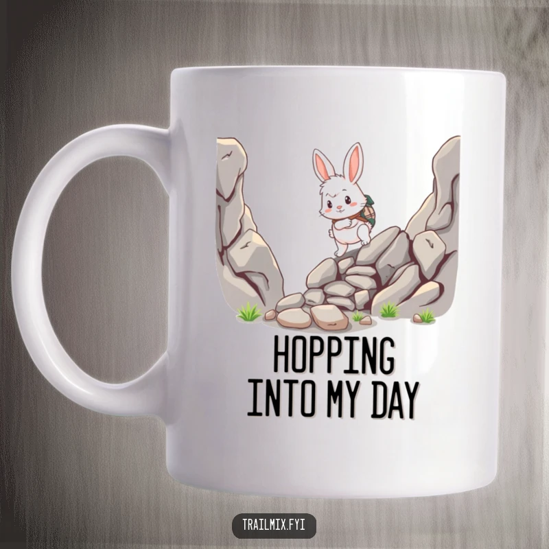 Funny rabbit mug, fluffy adventurer scrambling up a rocky path, determined and cute, perfect gift.