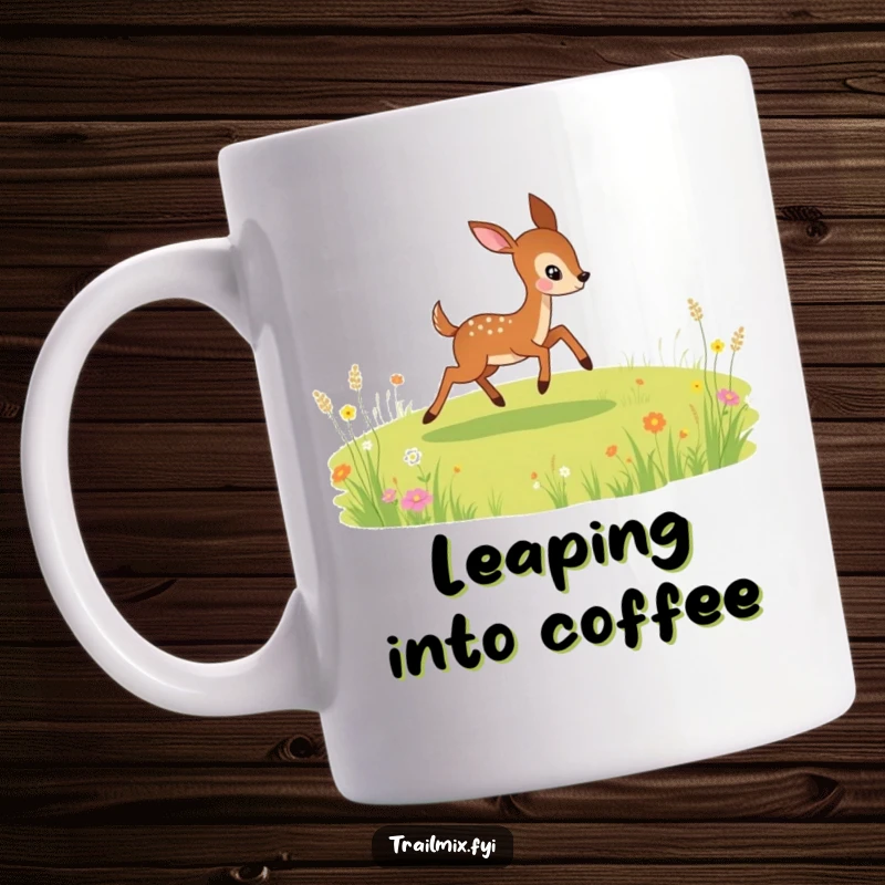 Funny mug showcasing a playful deer energetically bounding across a meadow, radiating freedom and joy.