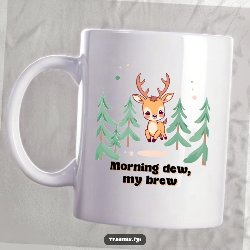 Funny Cheerful Deer Mug: A happy deer character joyfully frolicking through abstract pine trees in a forest.
