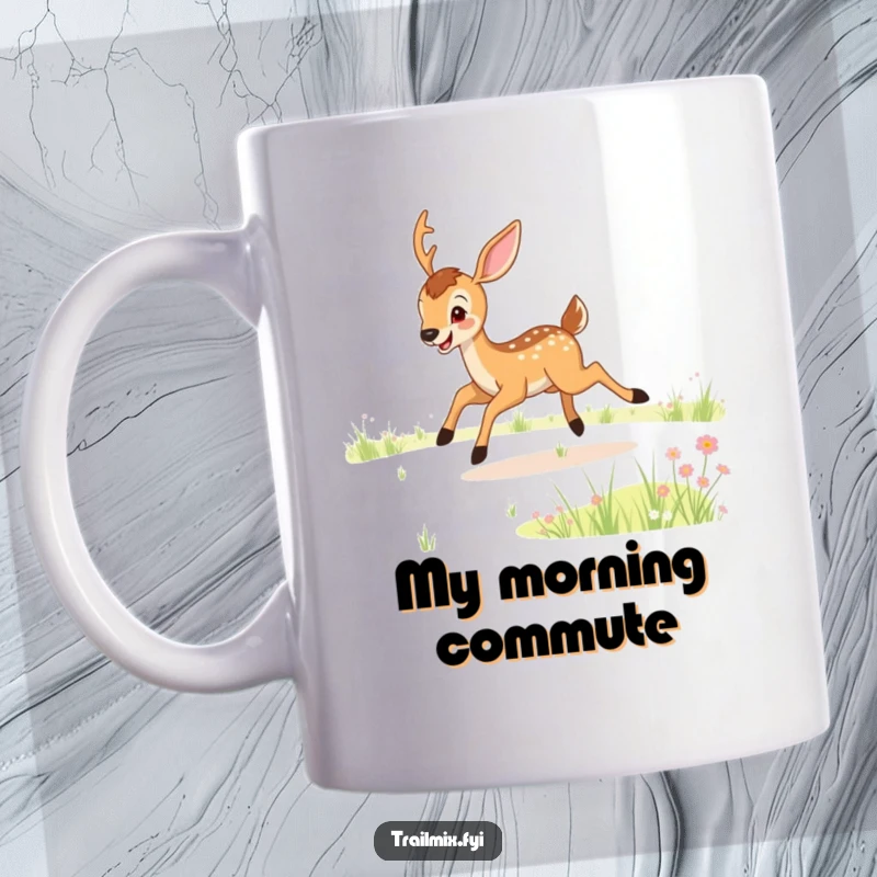 Funny mug featuring a joyful deer bounding playfully through a sunlit meadow, radiating happiness and woodland charm for a delightful gift.
