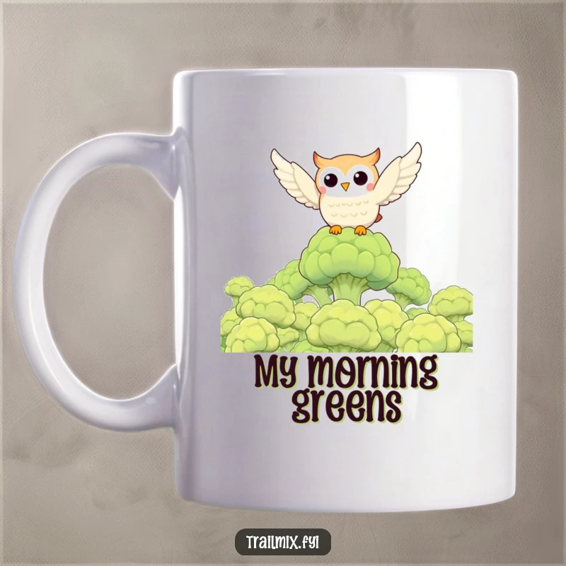 Funny owl character joyfully flying over a dense forest of green broccoli florets, perfect for a humorous kitchen gift.