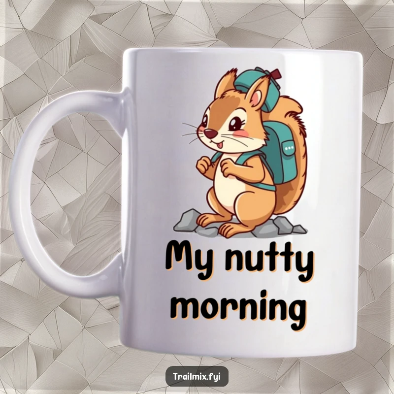 Funny determined squirrel character balancing a backpack on its head while climbing on a mug.