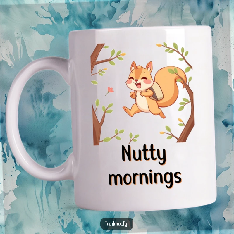 Funny mug showing a happy squirrel character joyfully leaping between branches while carrying a small backpack, ready for adventure.