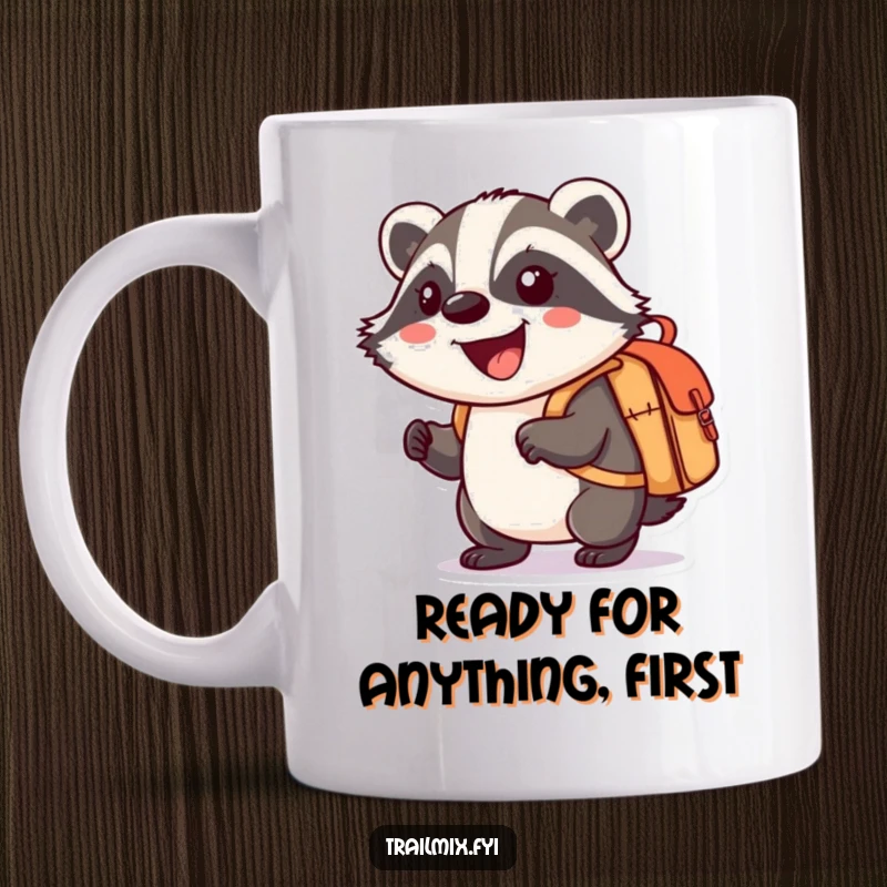 Funny mug featuring a smiling cartoon badger enthusiastically carrying a small knapsack, ready for adventure.