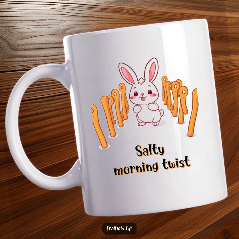 Funny smiling rabbit character happily navigating a maze of pretzel sticks on a mug.