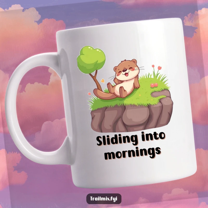 Funny mug featuring a playful otter sliding down a grassy hill with pure glee, a humorous and joyful design.