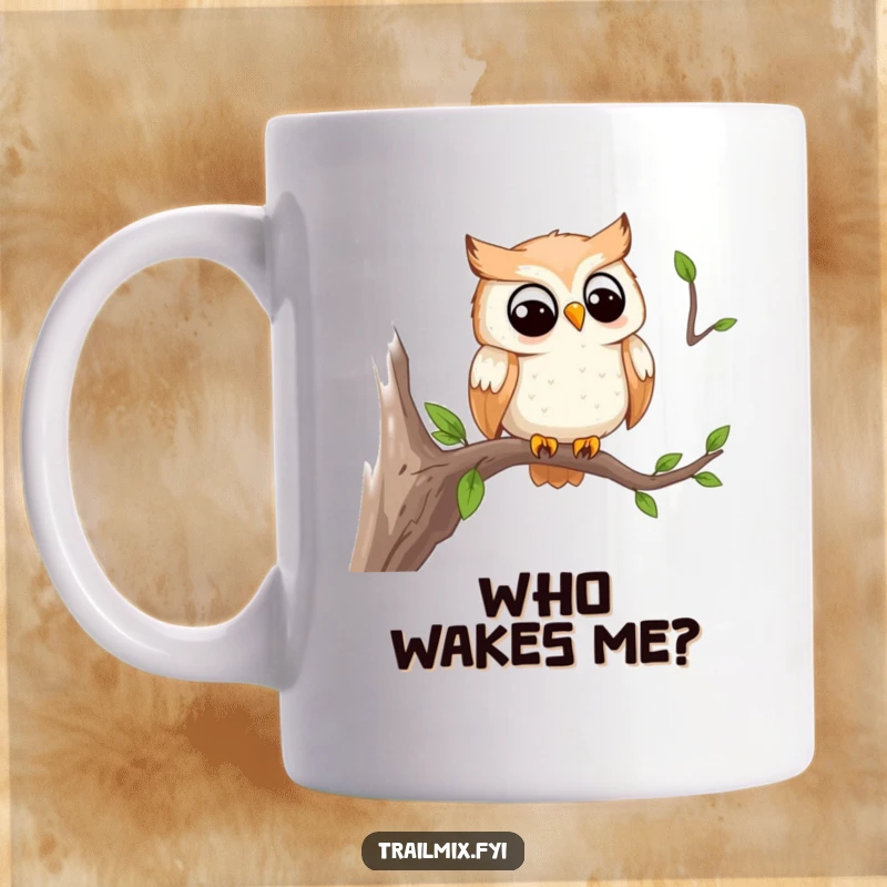 Funny mug featuring a smiling owl perched on a branch, observing the trail, a humorous gift for watchers.