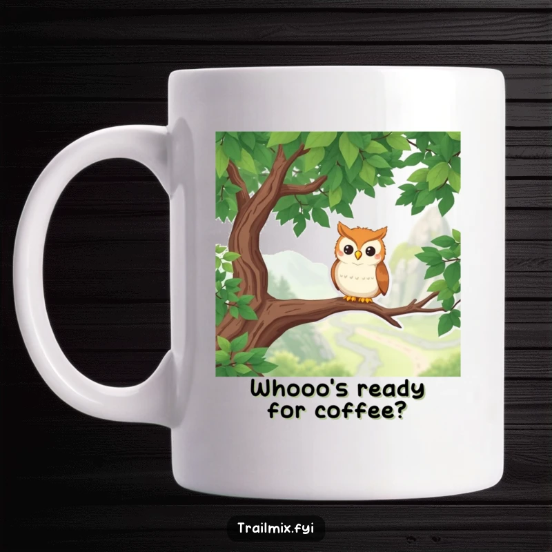 Funny Owl Mug: A smiling owl perched on a branch, joyfully overlooking a beautiful hiking trail, perfect for nature lovers.