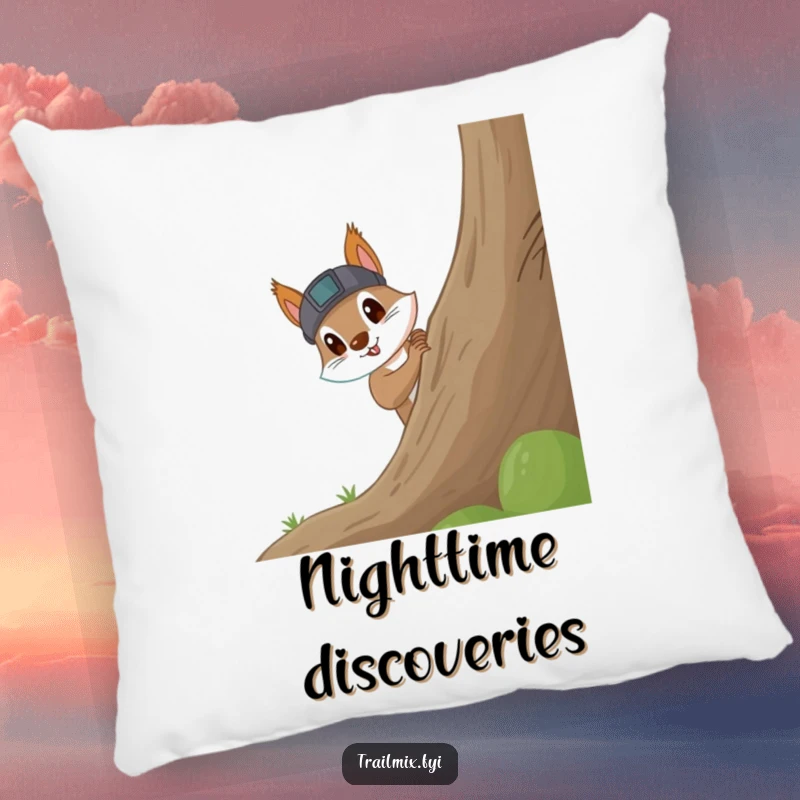 Funny Squirrel Pillow: Soft pillow showing a curious squirrel wearing a headlamp, excitedly peeking around a large tree, full of wonder.