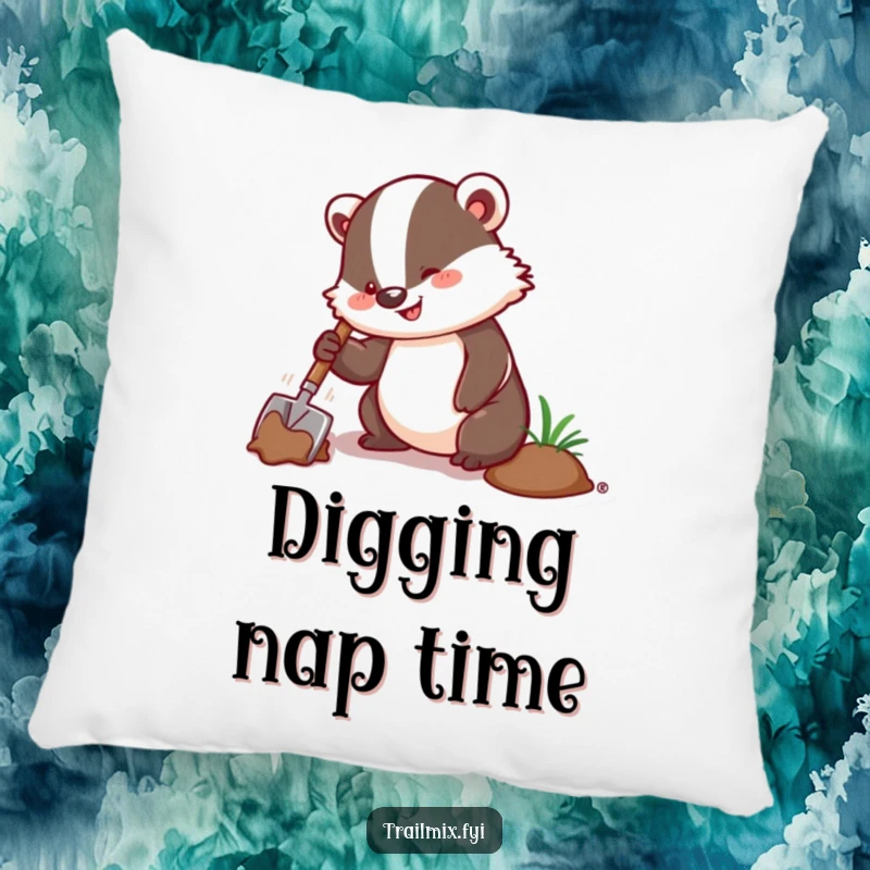 Funny pillow featuring an enthusiastic badger digging with a trowel, offering soft comfort and a touch of industrious humor.