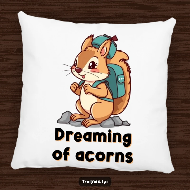 Funny determined squirrel character balancing a backpack on its head while climbing on a soft pillow.