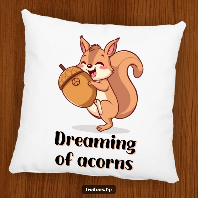 Funny happy squirrel character joyfully hiking up a giant acorn, printed on a soft, decorative pillow.