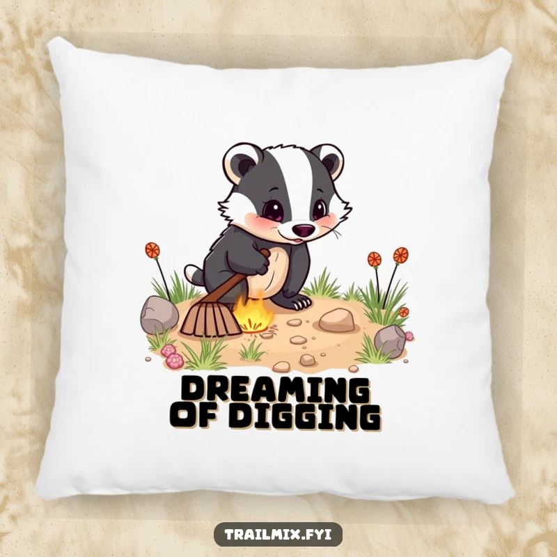 Funny pillow features an energetic badger digging enthusiastically, offering comfort and a humorous symbol of driven ambition.