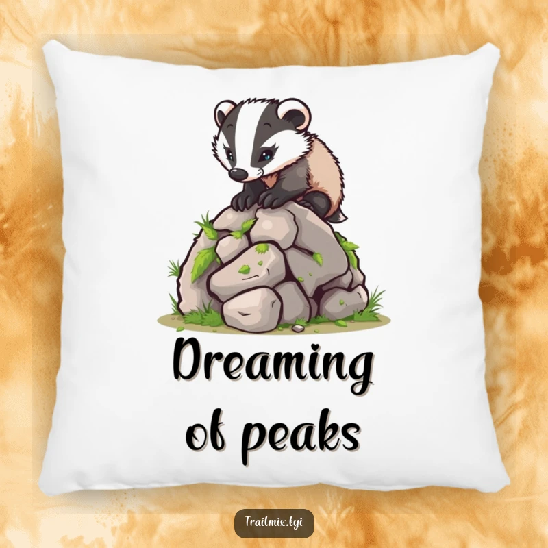Funny pillow features a spirited badger determinedly climbing a small, mossy rock, offering comfy humor and decor.