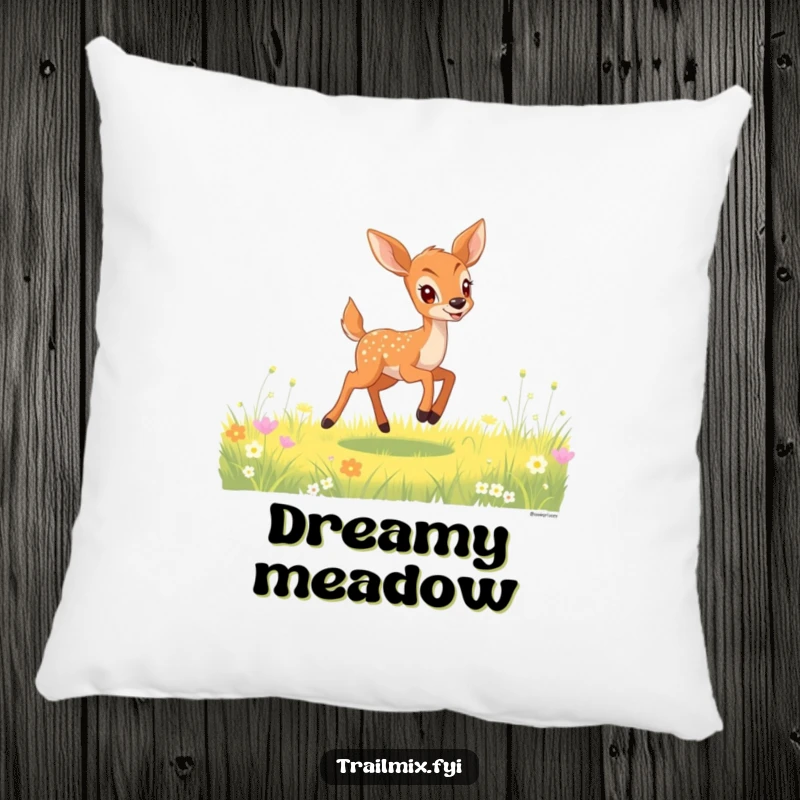 Funny deer fawn pillow showing a gleeful fawn bounding through a sunlit meadow, offering soft comfort and meadow cheer.
