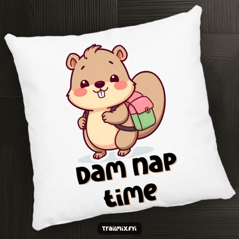 Funny pillow featuring a happy beaver with a backpack, offering soft comfort and a dose of outdoor-themed humor.