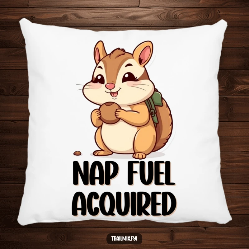 Funny accent pillow with a cheerful chipmunk stuffing its cheeks with nuts, ready for a hike, adding cozy charm to furniture.