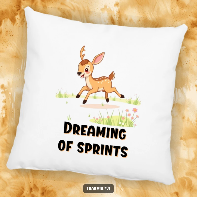 Funny pillow showcasing a joyful deer mid-leap in a meadow, providing comfort and a touch of funny, natural beauty to any room.