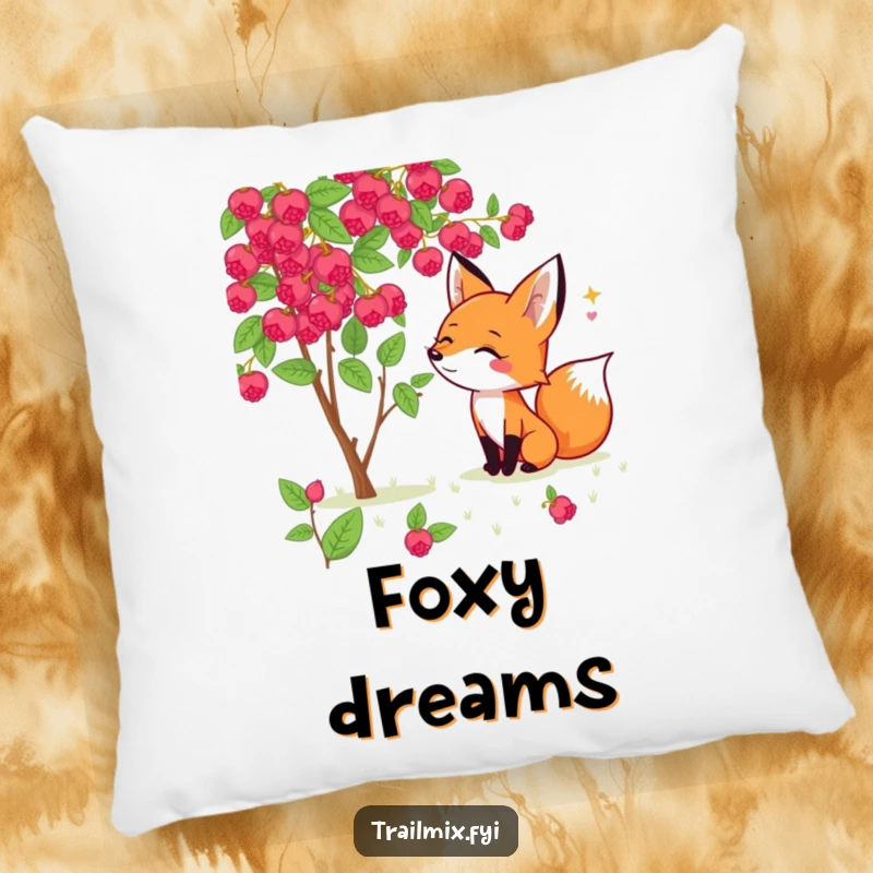 Funny fox pillow showing a cheerful fox excitedly sniffing a wild berry bush, offering soft comfort and woodland charm.