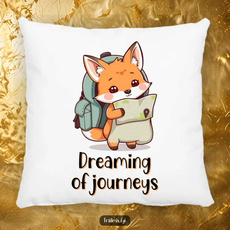 Funny curious fox character peeking out of a backpack with a map, printed on a soft, decorative pillow.