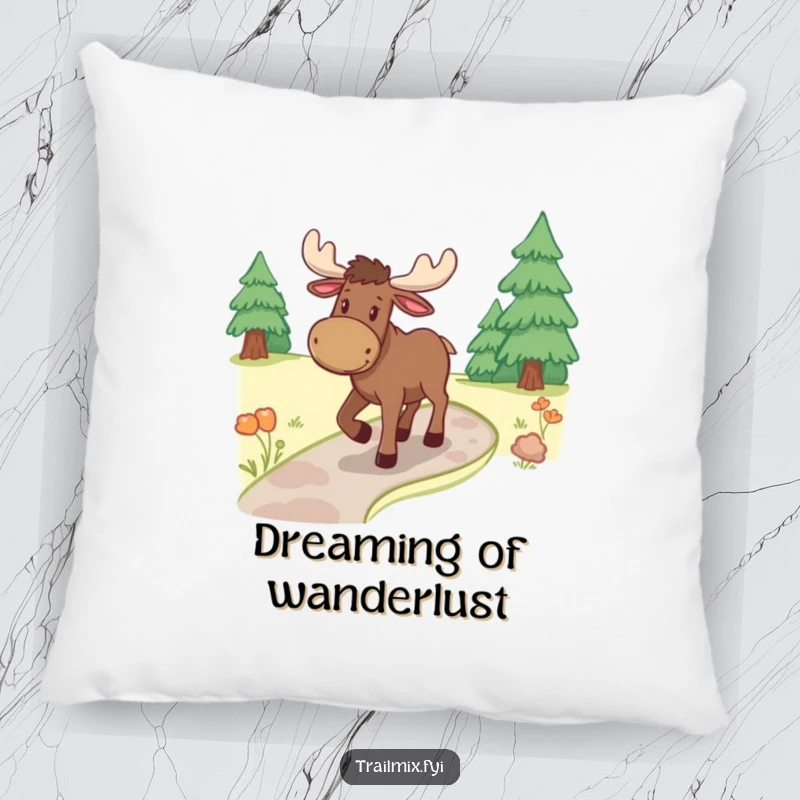 Funny moose pillow, depicted ambling on a winding path, providing soft, cheerful comfort with a touch of woodland magic.