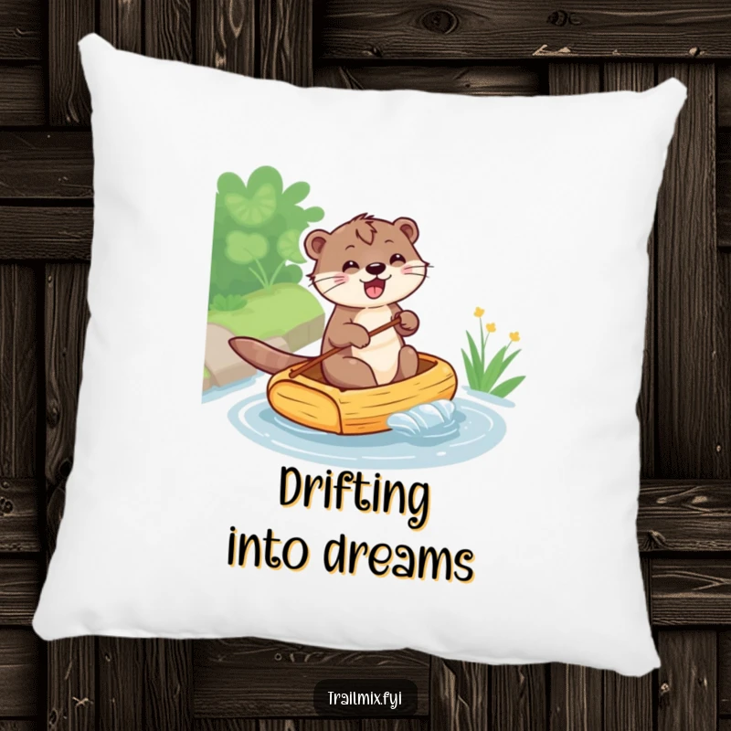 Funny pillow featuring a happy otter on a tiny raft, providing a comfortable and humorous touch to any seating area.