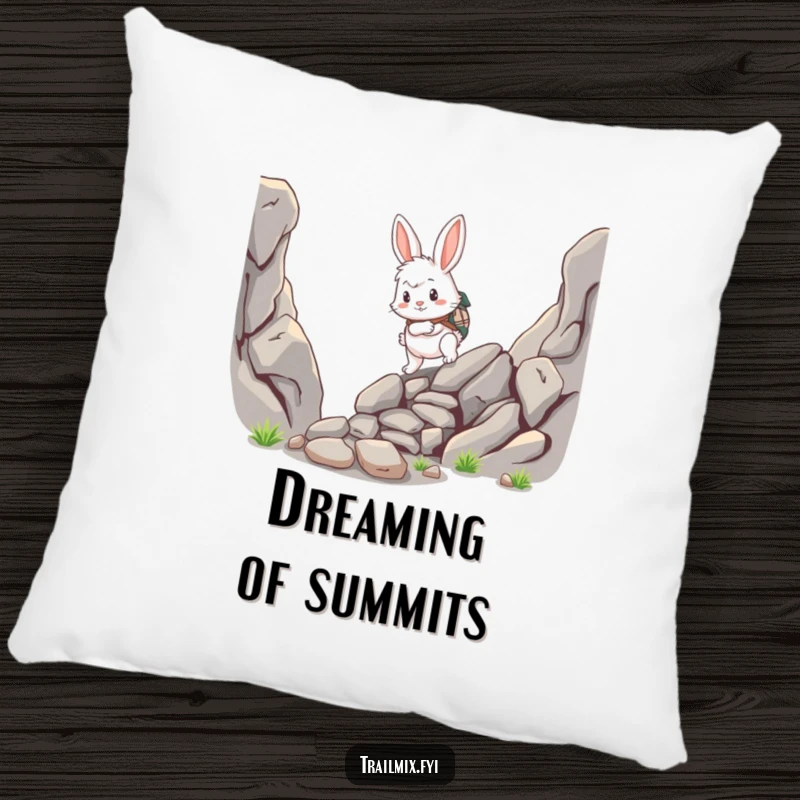 Funny rabbit pillow, fluffy adventurer scrambling up a rocky path, soft and decorative, humorous accent.