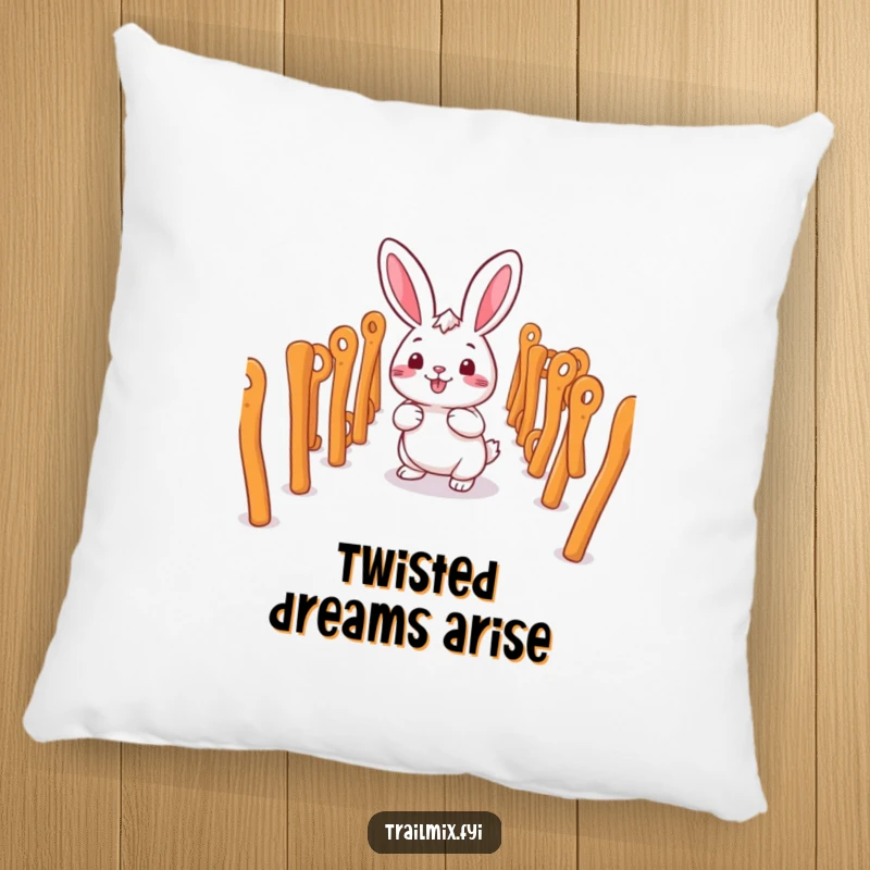 Funny smiling rabbit character happily navigating a maze of pretzel sticks on a soft pillow.