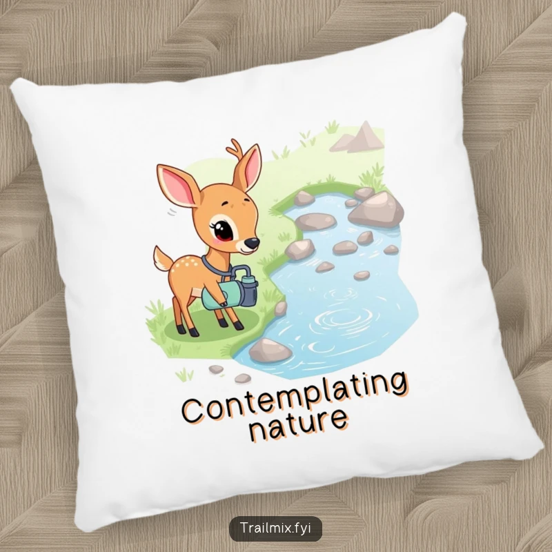 Funny accent pillow with a shy deer with a canteen curiously observing a bubbling stream, adding cozy and peaceful charm.
