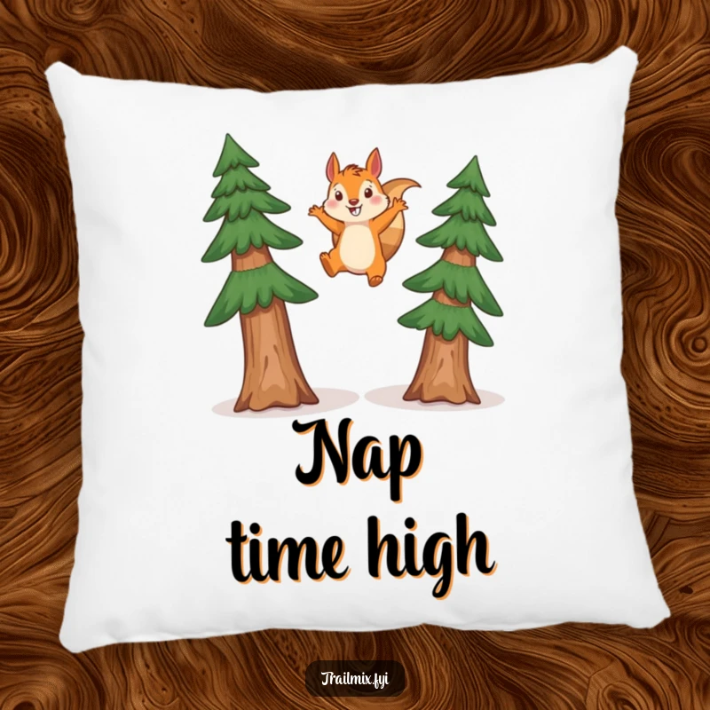 Funny squirrel pillow showcasing a happy squirrel mid-leap between two tall pine trees, a whimsical and soft decorative piece.