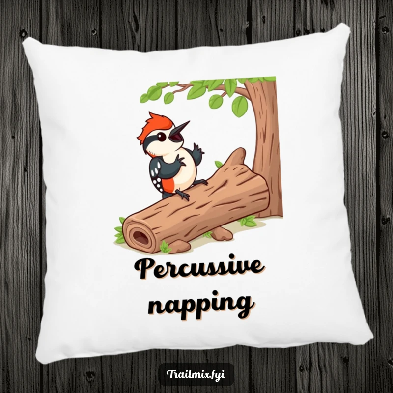 Funny pillow featuring a happy woodpecker tapping a rhythm on a log, providing comfort and a splash of funny, natural decor.
